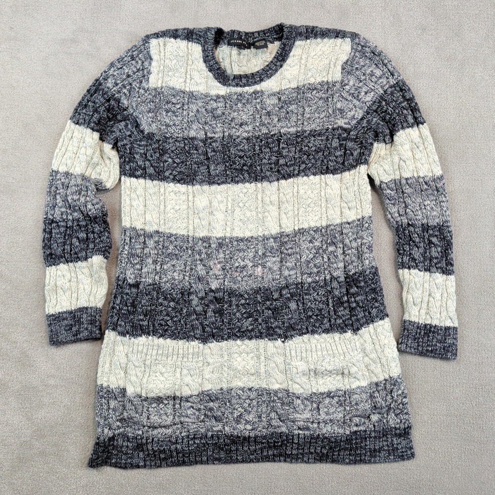 Jeanne Pierre Size L Cable Knit Tunic Sweater Grey Cream Striped Cotton Crewneck